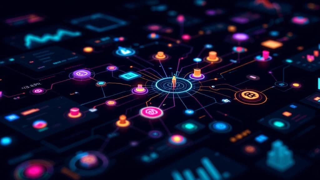Réseau numérique connecté avec icônes colorées représentant l'automatisation des workflows et l'intégration d'entreprise