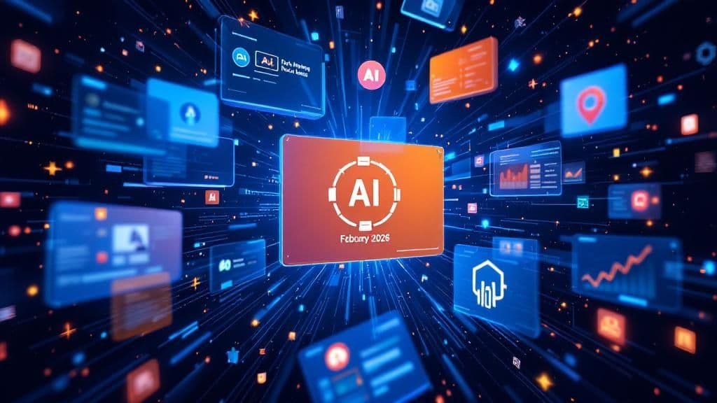 Interface numérique futuriste avec logo IA central et icônes technologiques février 2028