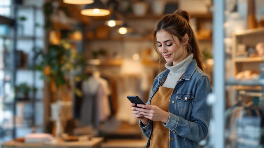 Commerçant vérifiant sa fiche Google Business Profile sur un smartphone dans sa boutique