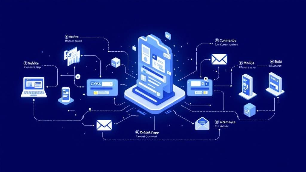 Architecture système d'un CMS headless montrant l'intégration multi-canaux web mobile email et contenus