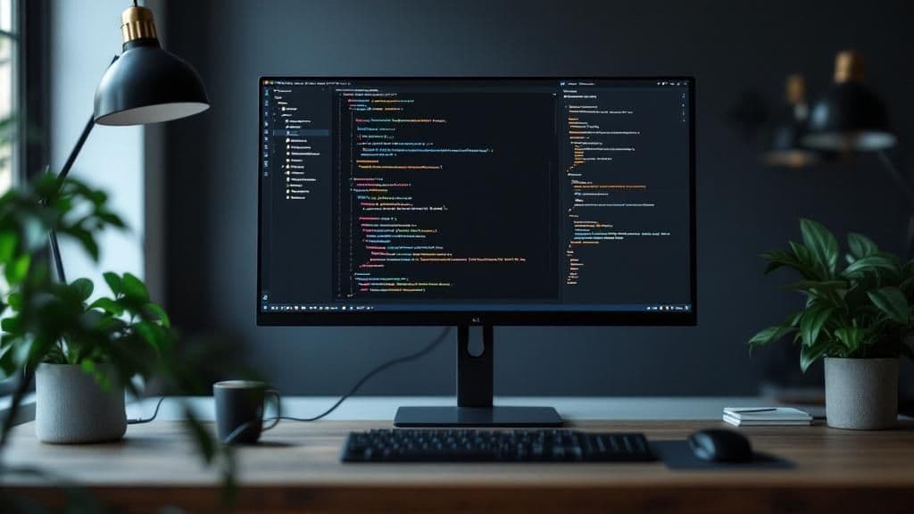 Écran de développeur affichant du code Next.js dans un IDE avec éditeur de texte moderne et syntaxe colorisée