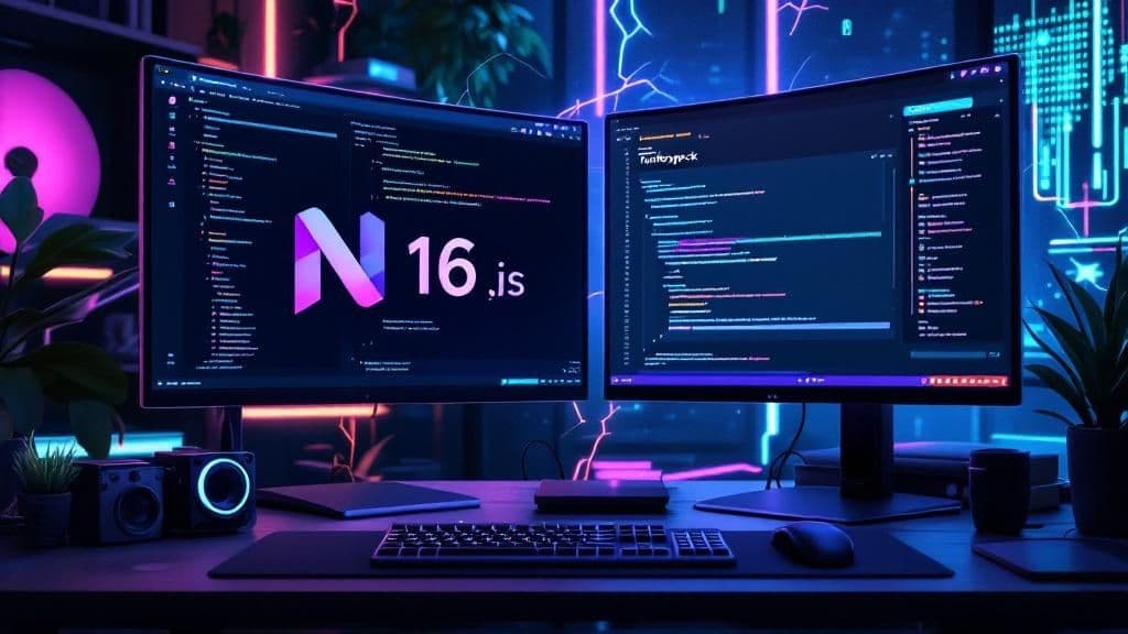 Espace développeur Next.js 16 avec éditeur de code React et barre de compilation Turbopack