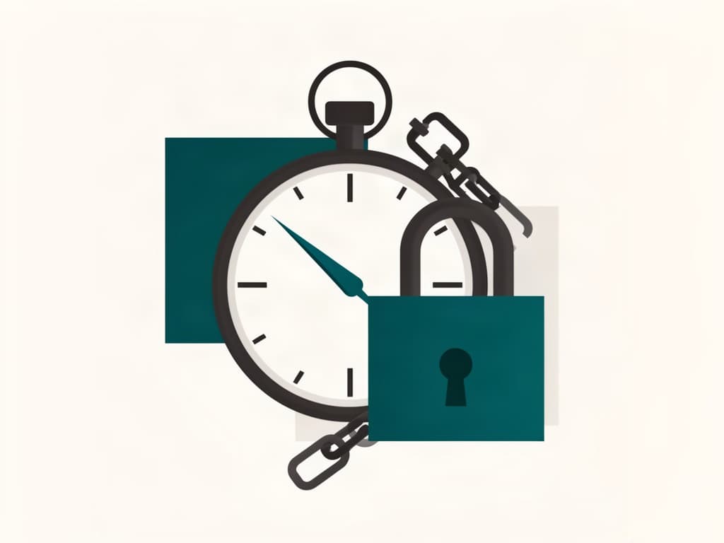 Un chronomètre, un cadenas fermé et un maillon de chaîne brisé, superposés en aplats géométriques