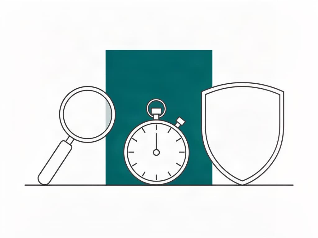 Une loupe, un chronomètre et un bouclier alignés — les trois outils de la page