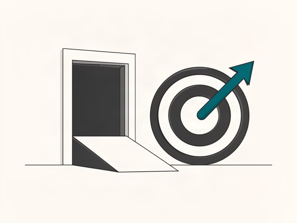 Une porte large avec une rampe d’accès, à côté d’une cible faite de deux anneaux concentriques