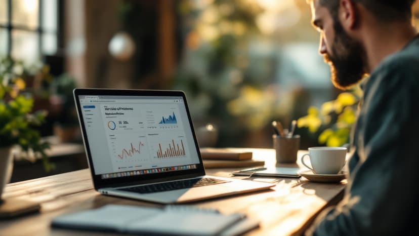 Dirigeant de TPE réalisant un audit SEO gratuit de son site sur ordinateur portable