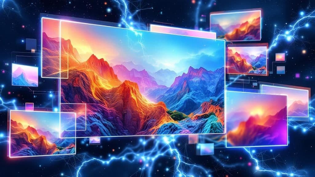 Images générées par IA montrant montagnes colorées en dégradés néon avec effets lumineux électriques