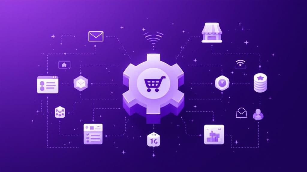 Schéma d'automatisation e-commerce avec engrenage central, panier d'achat et icônes de services intégrés