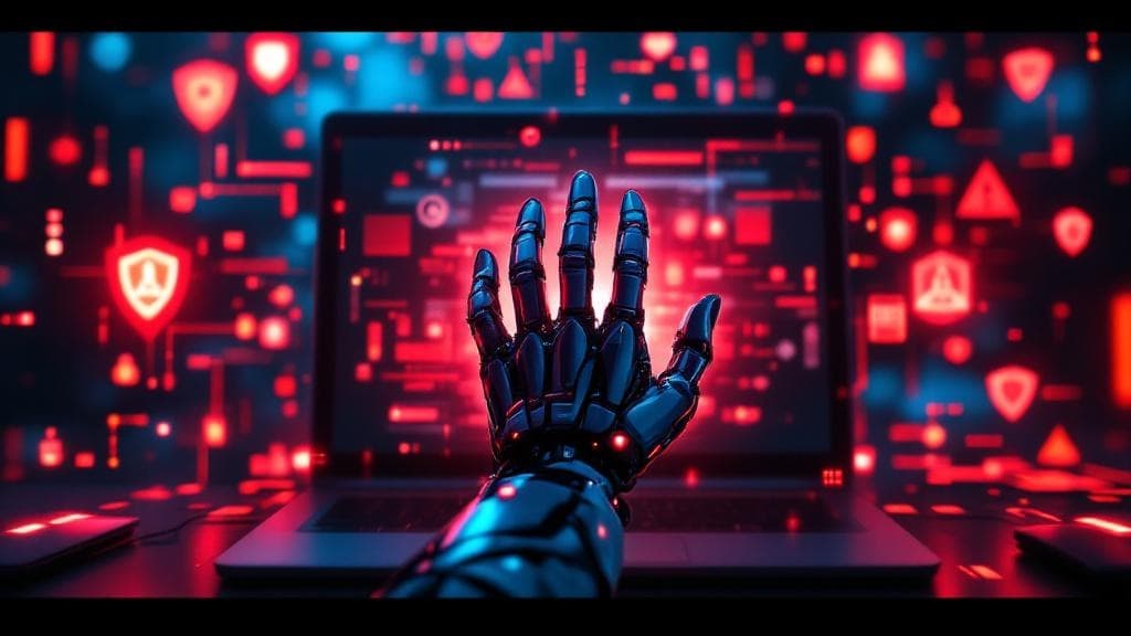 Main robotique levée devant écran d'ordinateur avec symboles de sécurité numérique rouges et bleus