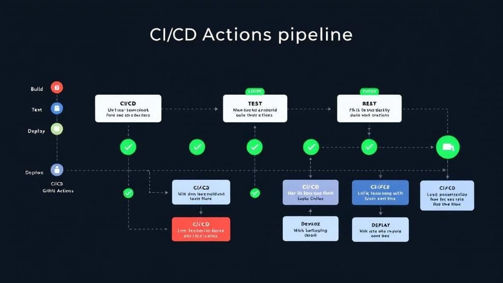 Diagramme pipeline CI/CD automatisé montrant étapes build test déploiement avec actions GitHub
