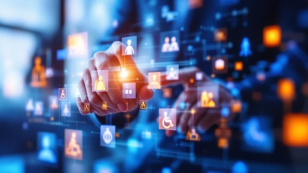 Main touchant des icônes numériques représentant l'accessibilité et l'inclusion numérique en réseau