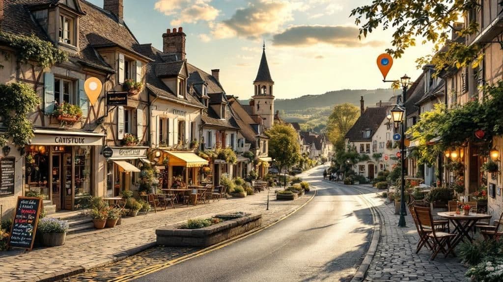 Rue pittoresque d'Ussel avec restaurants, hôtels et commerces traditionnels en façades médiévales