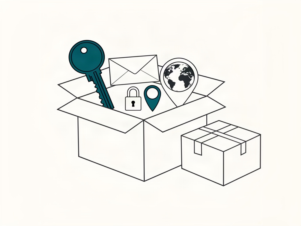 Carton de déménagement avec une clé, un cadenas, une enveloppe et un globe, image de l'inventaire à faire avant de changer de prestataire site internet