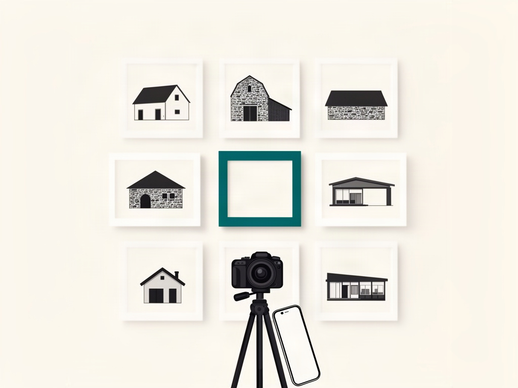 Portfolio d'un site internet d'architecte : une grille de projets, un appareil photo et un téléphone