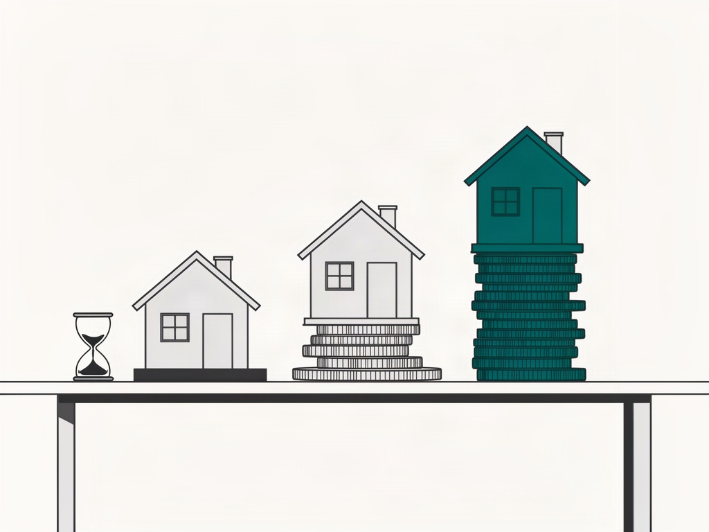 Trois maisons, la première à même la table, les deux autres sur des piles de pièces de plus en plus hautes, à côté d’un sablier : trois budgets de site comparés sur trois ans