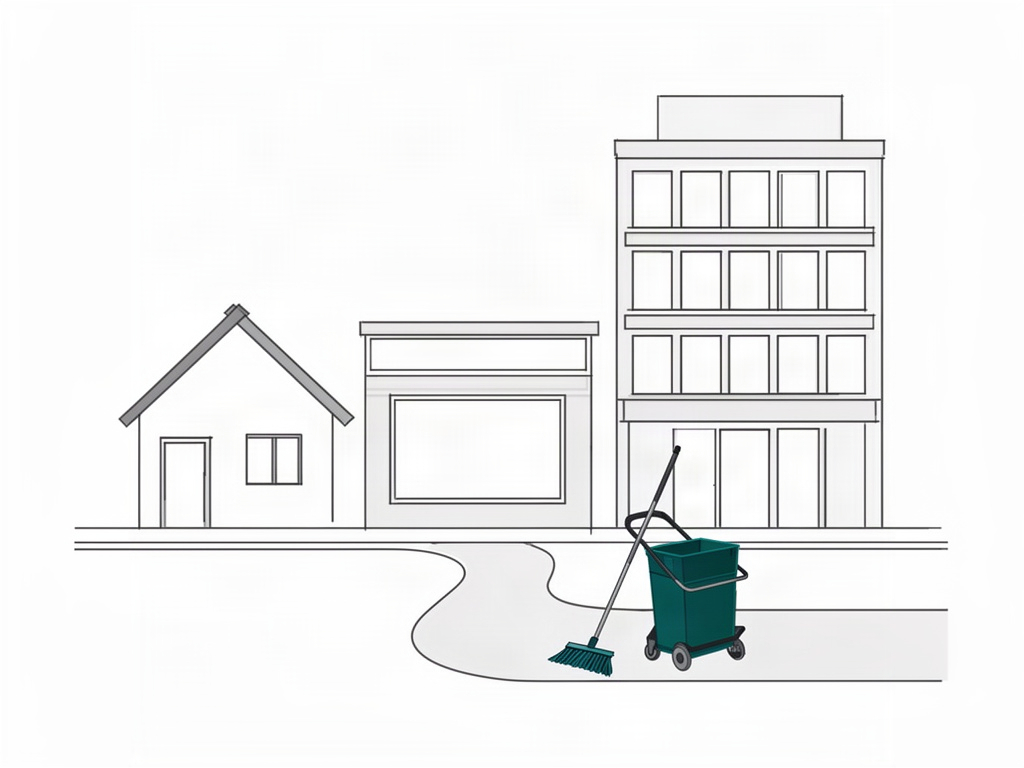 Une maison, un commerce et un immeuble de bureaux reliés à un chariot de ménage : les trois clientèles d'un site internet d'entreprise de nettoyage