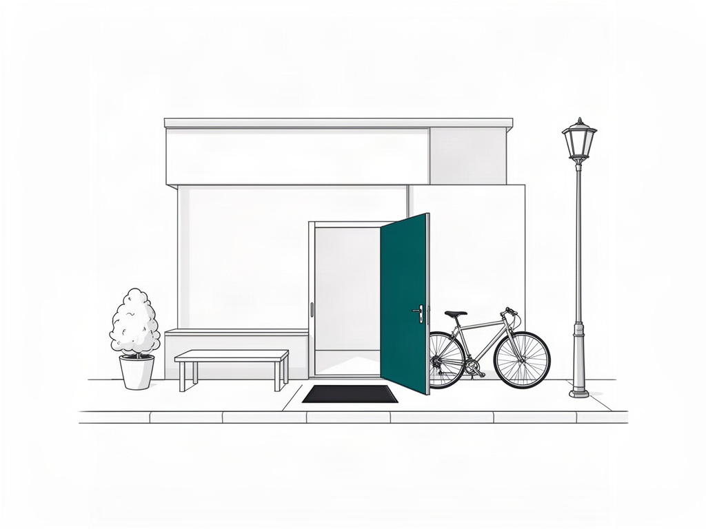Entrée de cabinet à la porte grande ouverte, pour les pages utiles d'un site internet d'ostéopathe