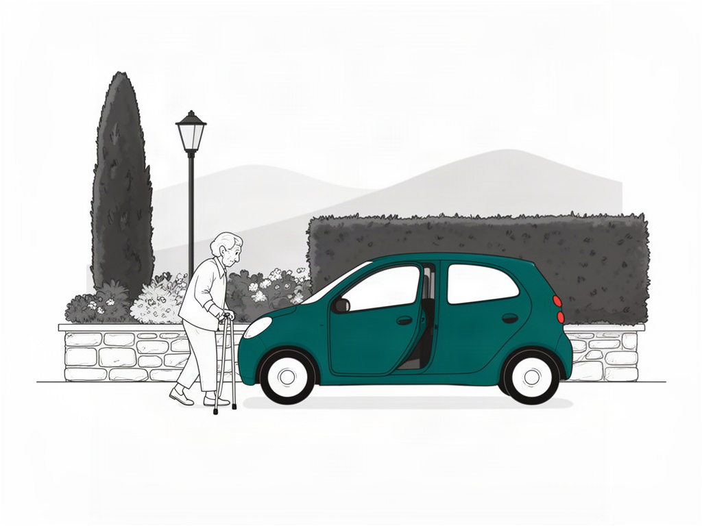 Passagère âgée qui rejoint un taxi à la portière ouverte, pour la page conventionnement d'un site internet de taxi conventionné