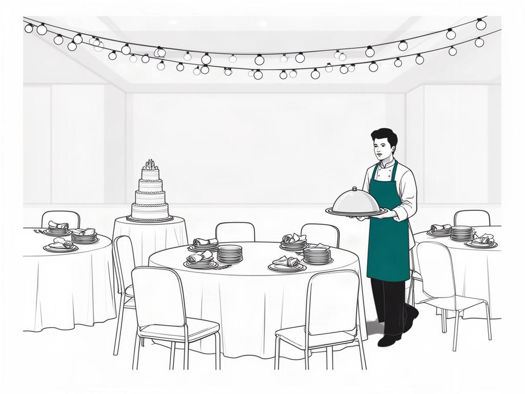Salle de réception dressée pour un mariage et traiteur portant un plat couvert, pour le site internet d'un traiteur qui reçoit des demandes de devis