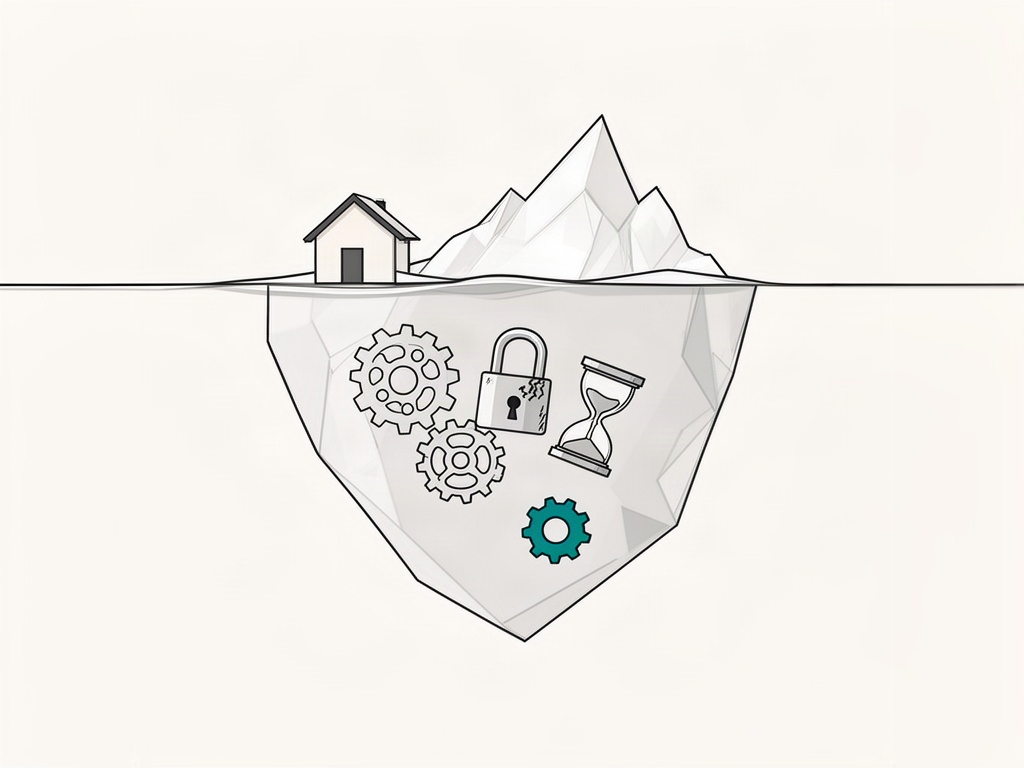 Iceberg dont la partie immergée cache des engrenages, un cadenas fendu et un sablier : ce qu'une maintenance WordPress surveille sans que le site le montre