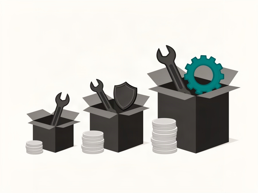 Trois cartons de taille croissante garnis d'outils, devant des piles de pièces de plus en plus hautes : les niveaux de prix de la maintenance WordPress