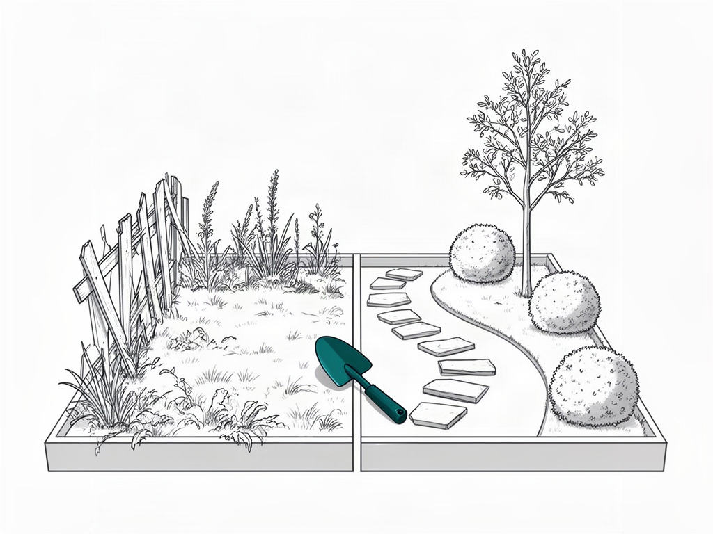 Illustration schématique d'un même jardin avant et après travaux, pour le portfolio d'un site internet de paysagiste