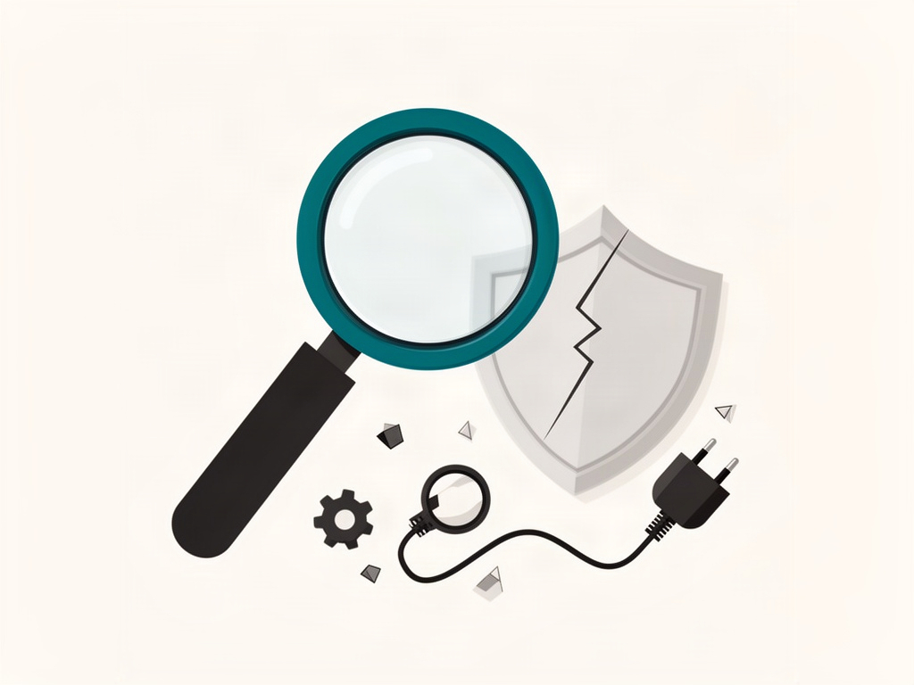 Loupe posée sur un bouclier fissuré à côté d'une prise débranchée : repérer les signes d'un site WordPress piraté sans les confondre avec une panne
